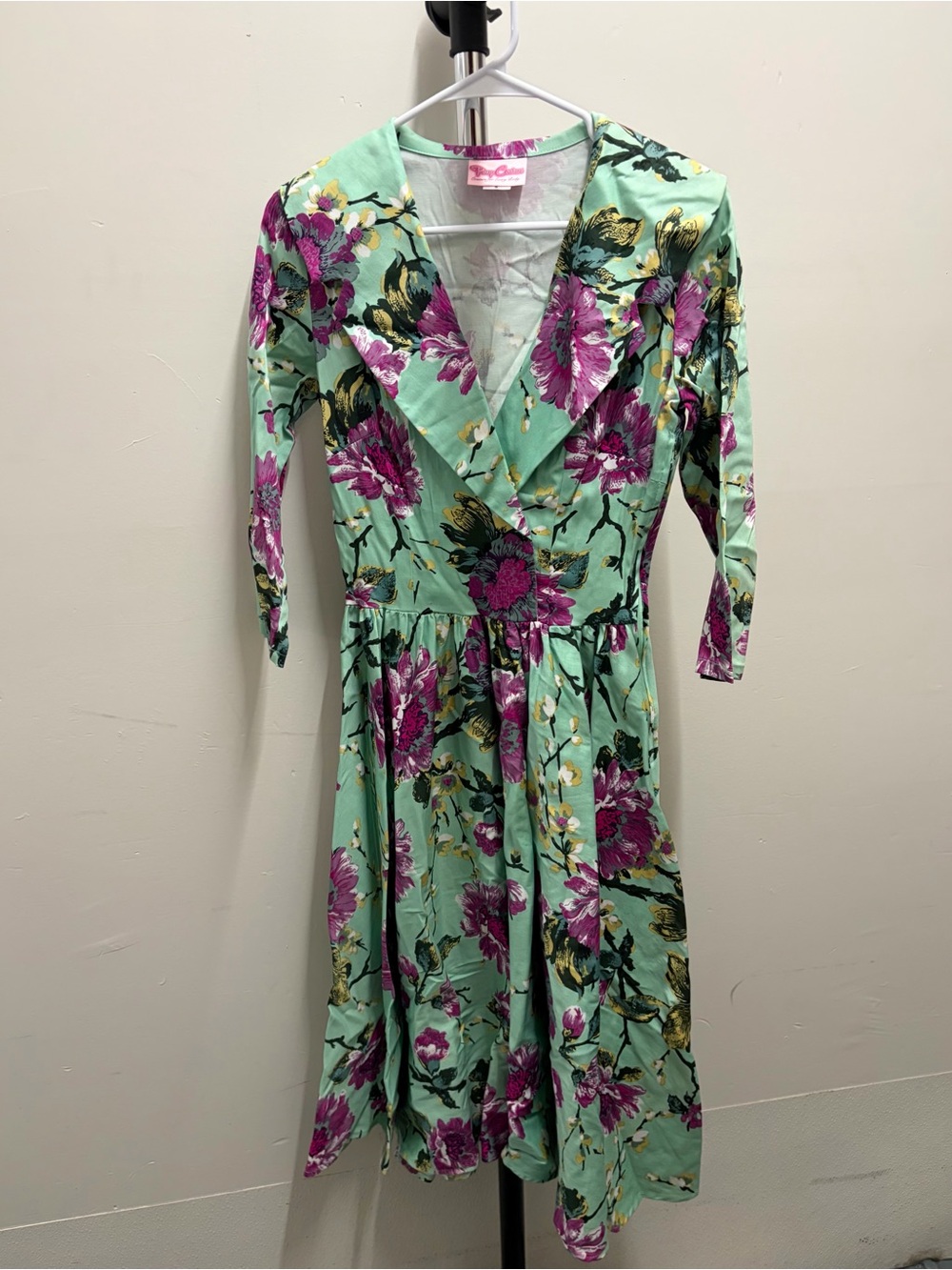Pinup Couture Birdie Mint Midi Dress with Magenta Floral Print Small